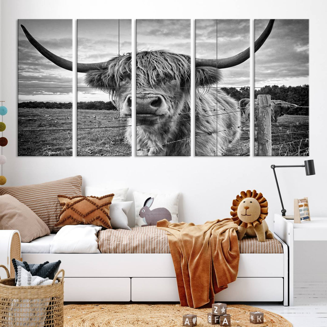 Scottish Highland Cow Wall Art Canvas Print | Ready to Hang and Framed | Rustic Farmhouse Decor