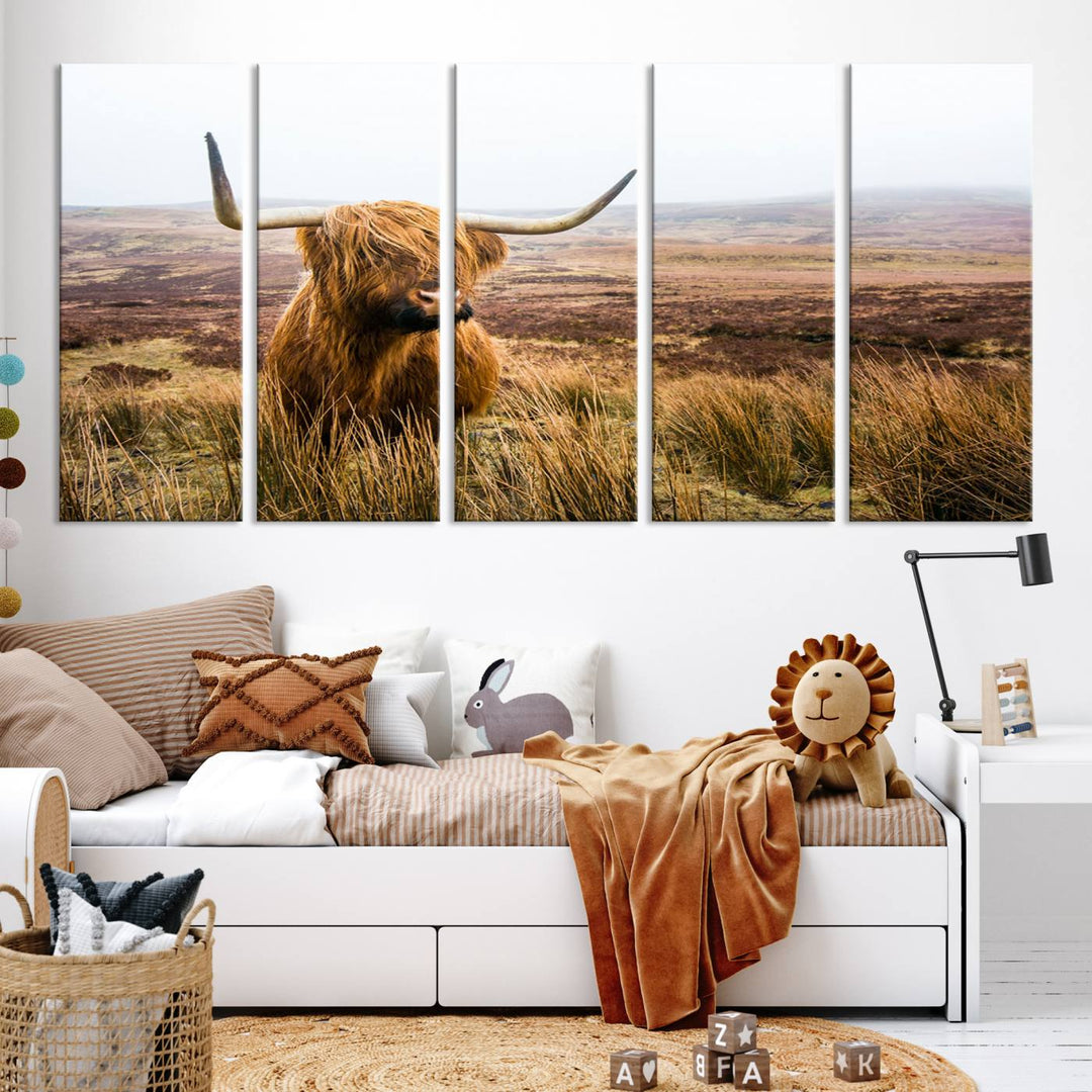 Scottish Highland Cow Wall Art Canvas Print | Ready to Hang and Framed | Rustic Farmhouse Decor for Living Room or Cabin