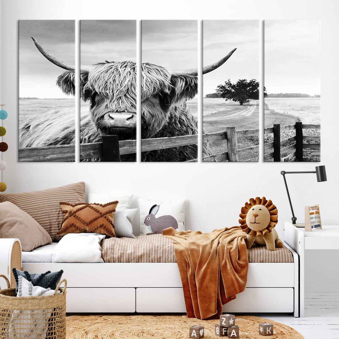 Scottish Highland Cow Wall Art | Rustic Farmhouse Décor | Black and White Ready to Hang Canvas Print