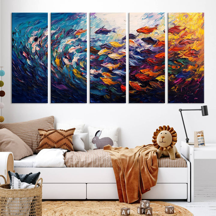 Vibrant Abstract Fish Swarm Art – Colorful Fish Inspired 3-Piece Canvas Wall Art for Living Room or Office – Framed and Ready to Hang