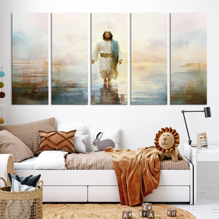 Framed Jesus Walking on Water Wall Art - 3-Panel Christian Canvas Prints, Religious Artwork, Ready to Hang Home Decor for Living Room, Office, or Church