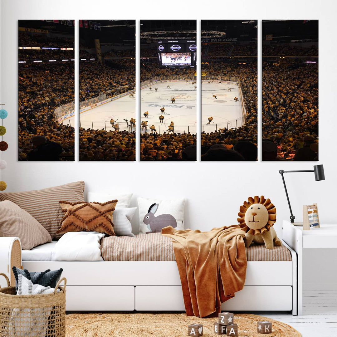 A captivating triptych canvas print, titled "Bridgestone Arena - Nashville Predators Hockey Team Print," adorns the wall. This Nashville wall art canvas print is perfect for Predators fans who appreciate sports-themed decor.