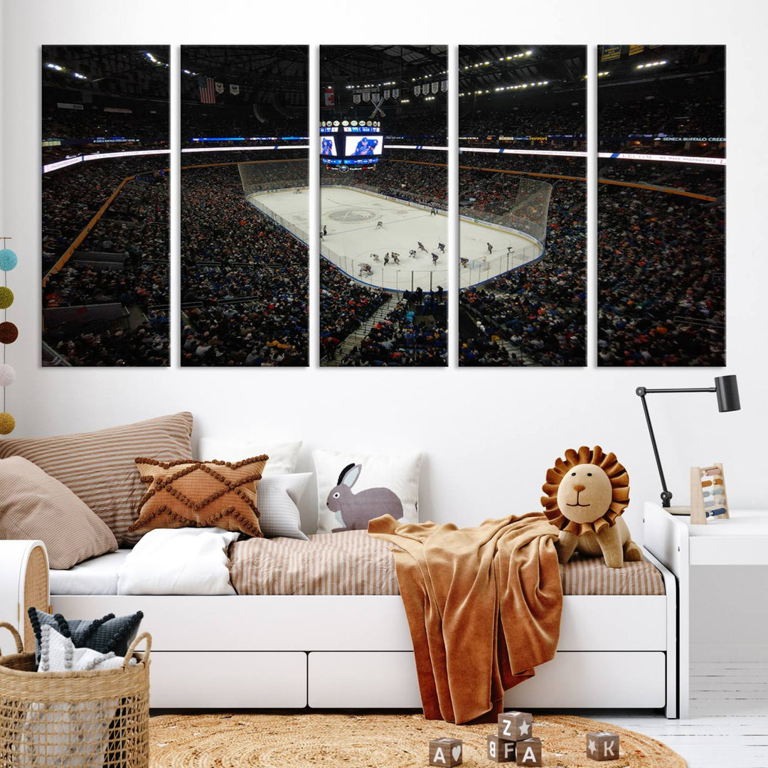 The nautical-themed room is enhanced by the KeyBank Center New York Buffalo Sabres Hockey Stadium Wall Art Canvas Print, a three-panel depiction of a bustling hockey arena with a gallery-quality finish. This canvas artwork, handmade in the USA, introduces an element of sporting elegance to your decor.