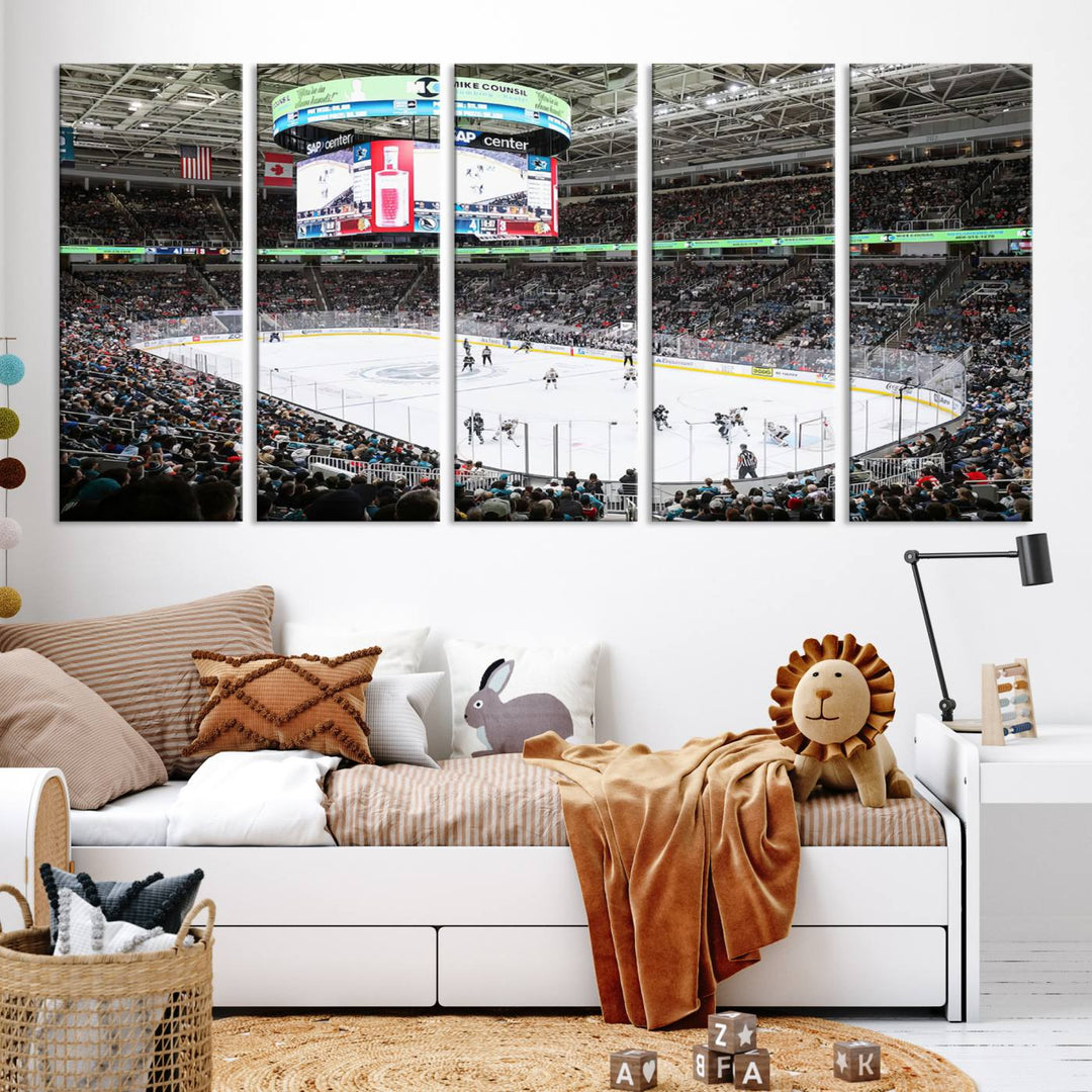 A packed ice hockey arena buzzes with energy as players glide on the ice and a large screen displays scores. The indoor decor features Sharks Arena Blackhawks Sharks Ice Hockey Stadium Wall Art Canvas Prints, creating an unexpected yet charming sporting atmosphere reminiscent of a gallery.