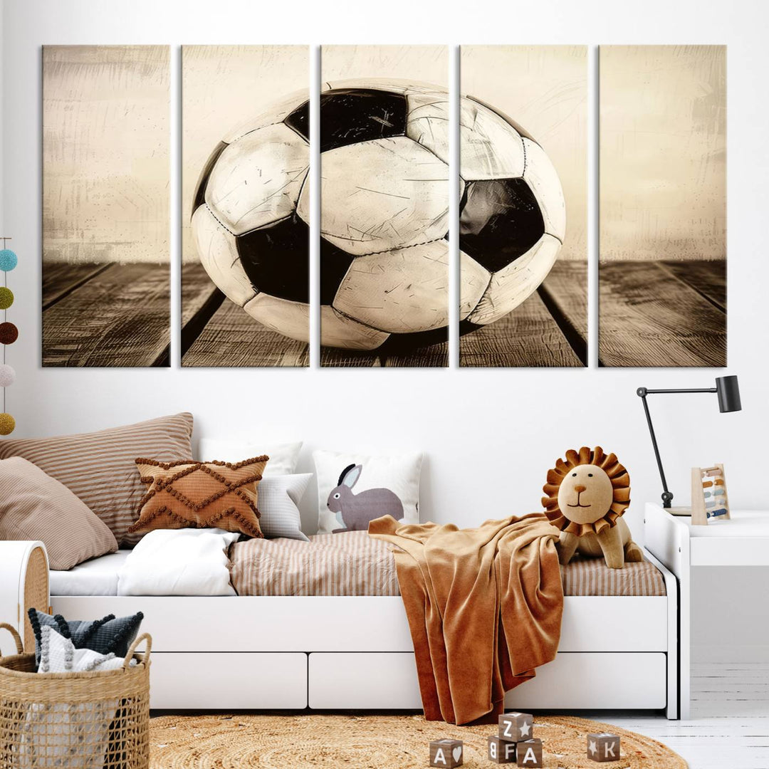 Vintage Soccer Ball Triptych Canvas Art – 3-Panel Soccer Wall Decor, Framed and Ready to Hang Sports Art for Home, Office, or Gym