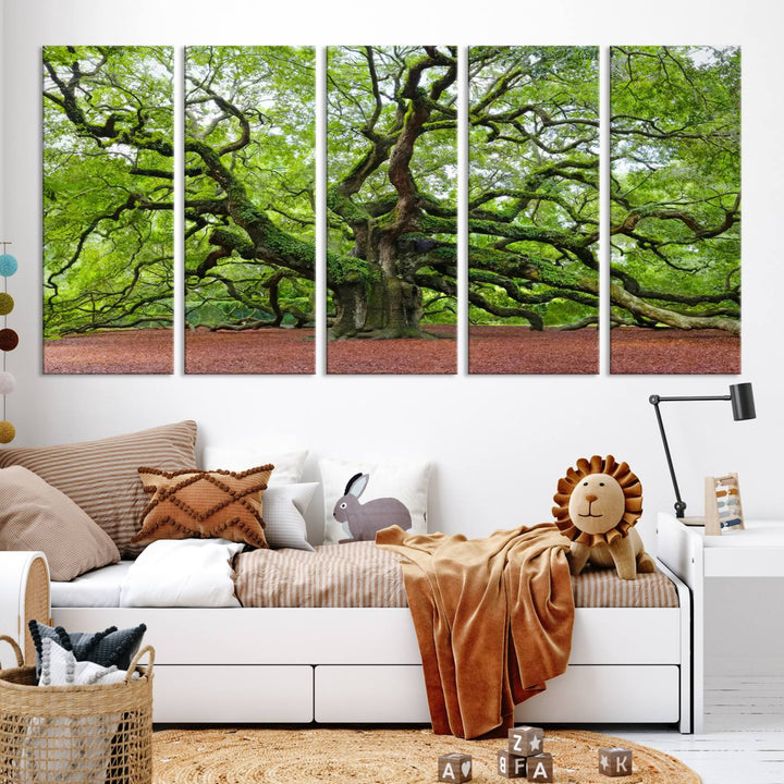 Framed Angel Oak Tree Wall Art - 3-Panel Canvas Prints, Large Green Nature Artwork, Ready to Hang Home Decor for Living Room, Office, Bedroom