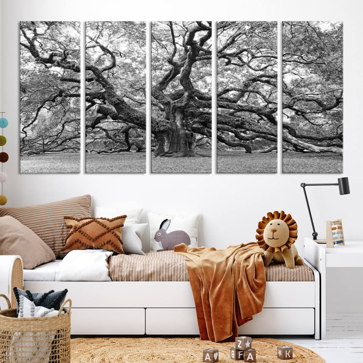 Black White Angel Oak Tree Wall Art - Timeless Nature-Inspired Canvas for Rustic, Modern, or Traditional Home Decor