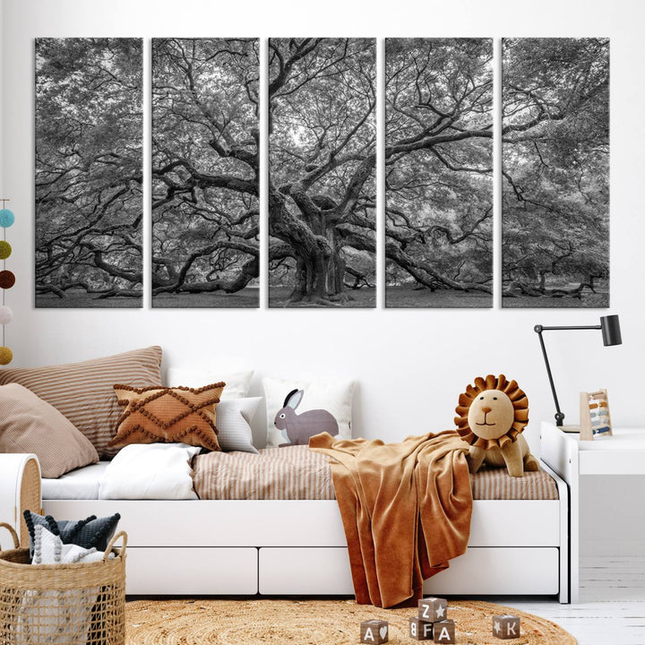 Majestic Angel Oak Tree Black and White Canvas Print – Multi Panel Wall Art, Giclée Print, Ready to Hang Nature Photography for Home Decor