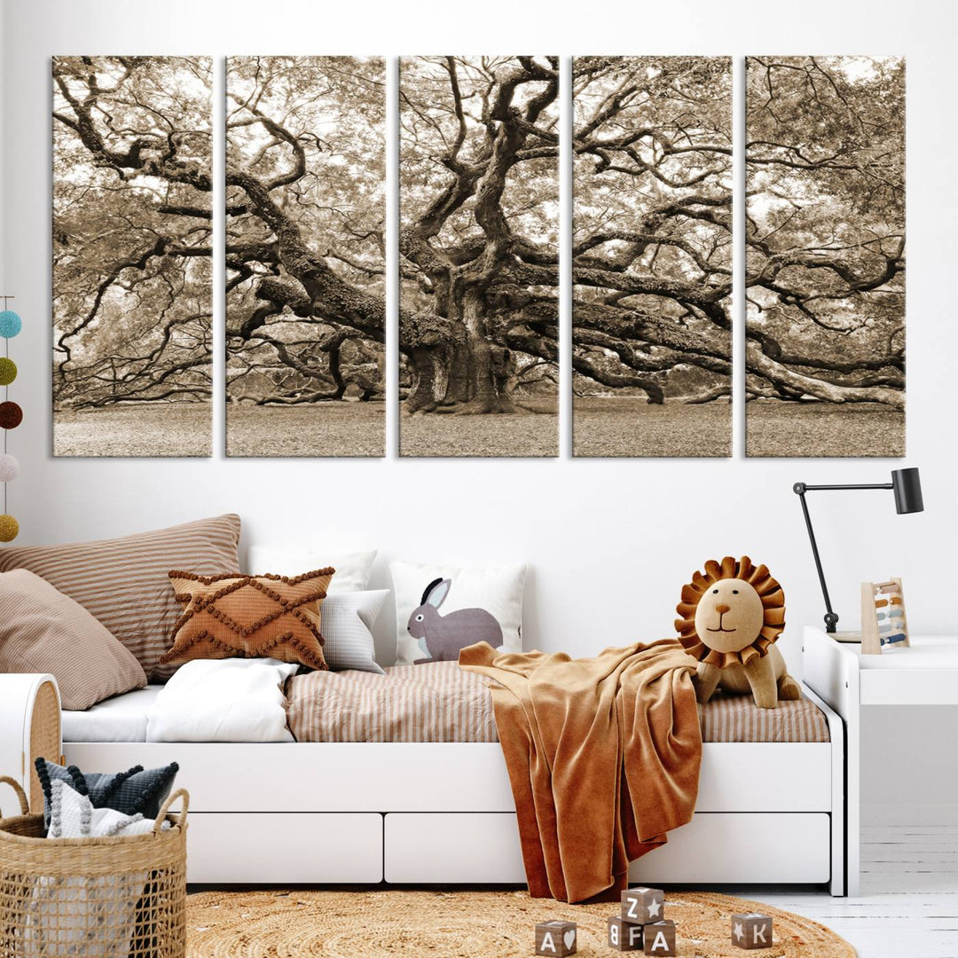 Sepia Framed Angel Oak Tree Wall Art - 3-Panel Canvas Prints, Large Green Nature Artwork, Ready to Hang Home Decor for Living Room, Office, Bedroom