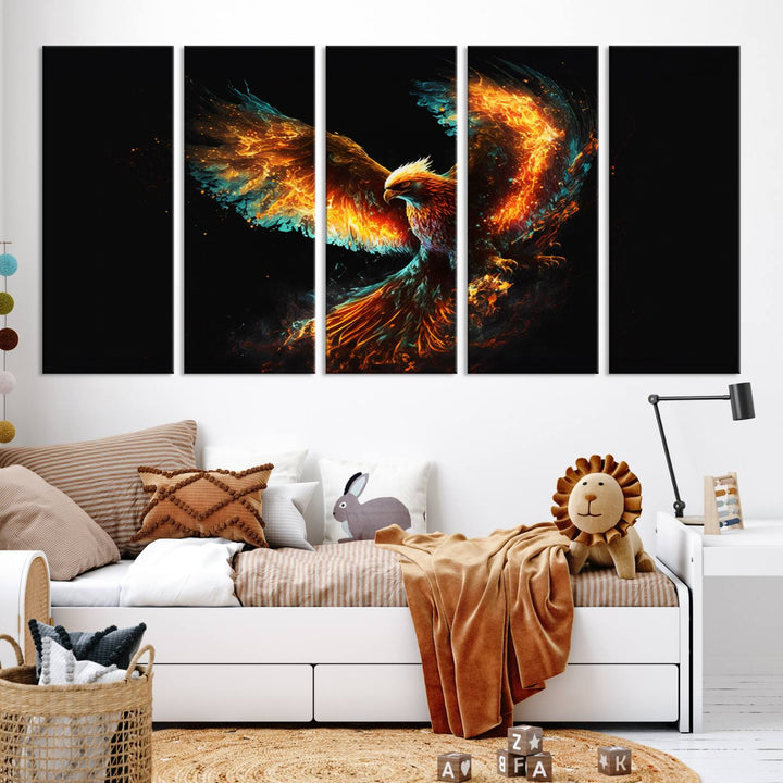 Fiery Phoenix Canvas Print | Ready to Hang Wall Art | Bold Fantasy Decor for Living Room | Majestic Bird Artwork