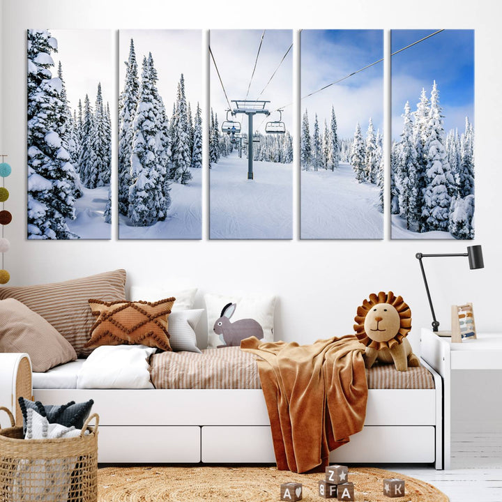 Winter Ski Lift Landscape Wall Art | Snowy Mountain Adventure | Framed and Ready to Hang | Perfect for Cabin Wall Art, Farmhouse Decor