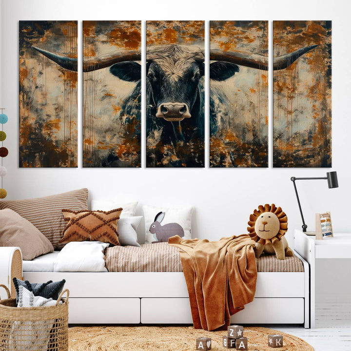 Abstract Longhorn Bull Wall Art | Rustic Western Wall Decor | Framed and Ready to Hang | Ideal for Farmhouse, Lodge, and Barn Decor