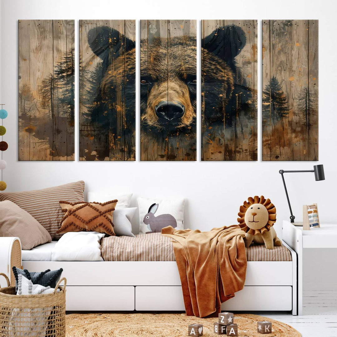 The Abstract 399 Bear Wall Art, featuring a rustic cabin theme with forest design, is framed and ready to hang. It's ideal for lodge, cabin, and barn decor and perfectly complements the nature lover's aesthetic.