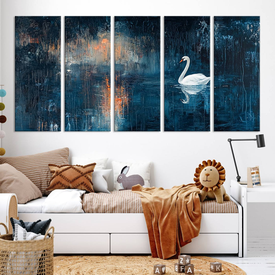 Abstract Swan Wall Art | Moody Blue and Orange Swan Painting on Canvas | Framed and Ready to Hang | Elegant and Modern Art for Living Room or Bedroom Decor