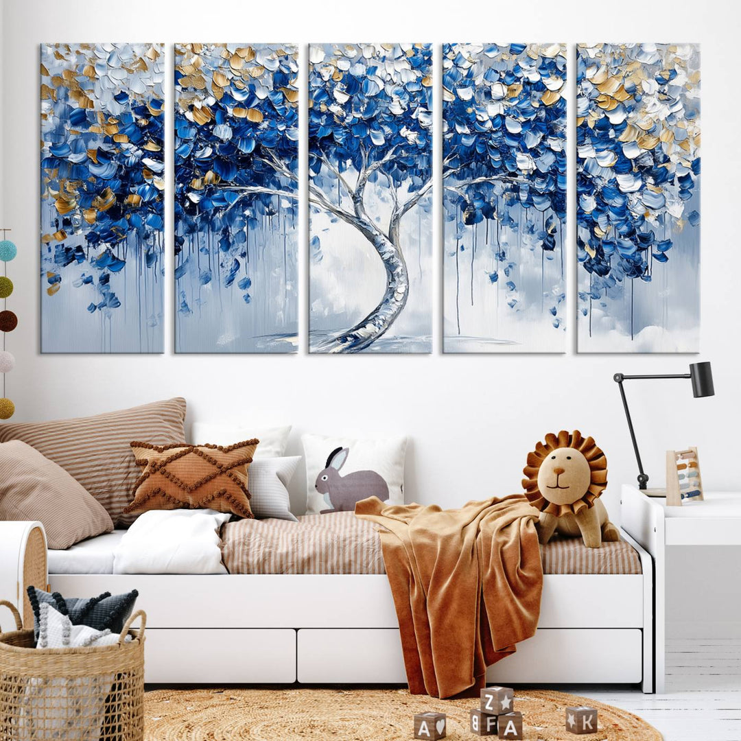 Elegant Blue and Gold Abstract Tree Wall Art | Textured Modern Tree of Life Painting | Framed Canvas Print | Ready to Hang for Dining Room Decor