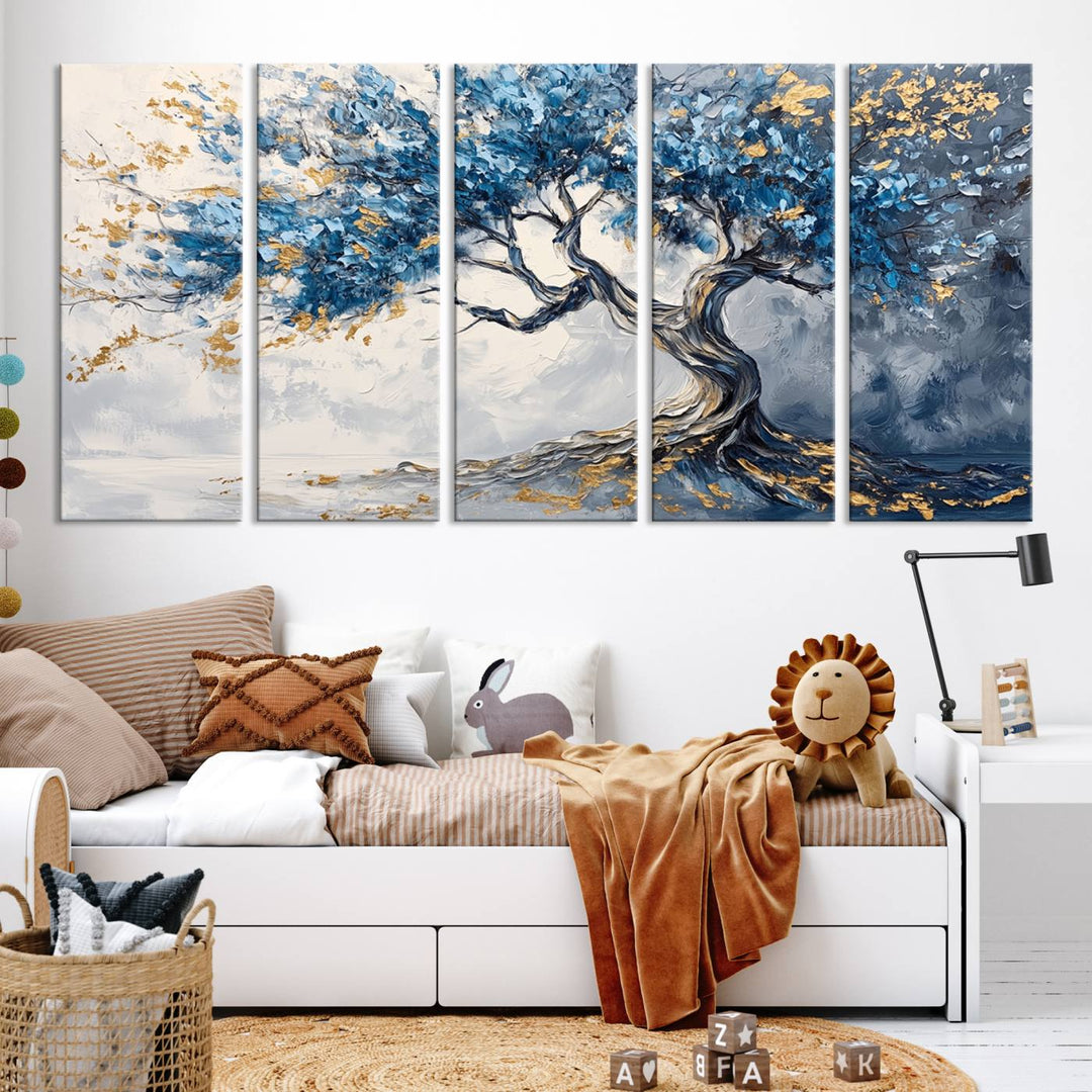 Elegant Abstract Tree Canvas Wall Art | Tree of Life Painting | Textured Art in Blue and Gold | Framed & Ready to Hang for Modern Living Room Decor