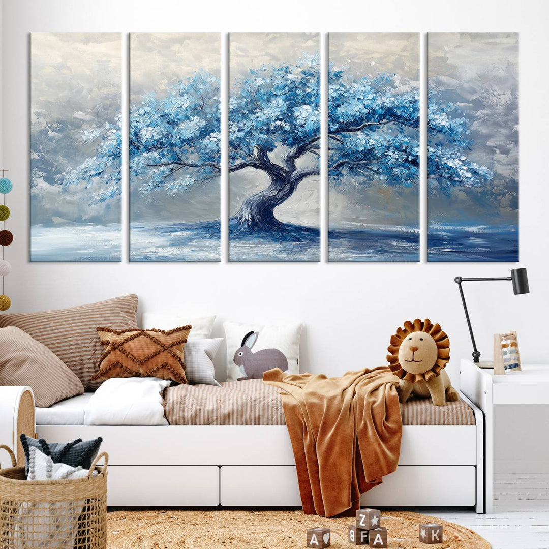 Serene Abstract Blue Tree Wall Art | Canvas Print of a Majestic Tree in Blue Hues | Perfect for Farmhouse, Coastal, and Modern Decor