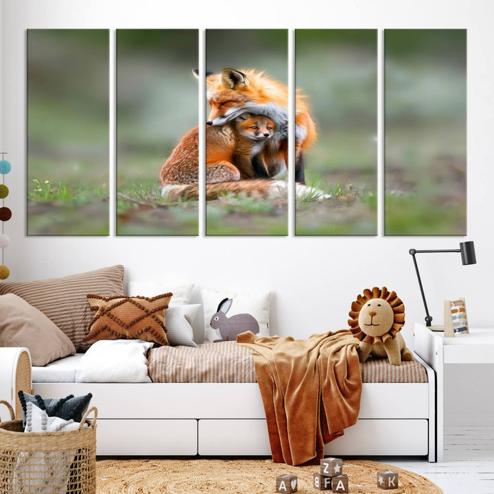 Heartwarming Fox and Baby Cub Wall Art | Ready to Hang Canvas Print of Foxes in Nature | Perfect for Animal Lovers, Rustic Decor, and Cabin Wall Art