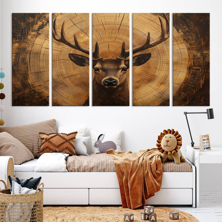 Deer Wall Art Canvas Print | Ready to Hang Canvas Print of a Stag with Rustic Tree Rings | Perfect for Farmhouse Wall Decor, Cabin Wall Art