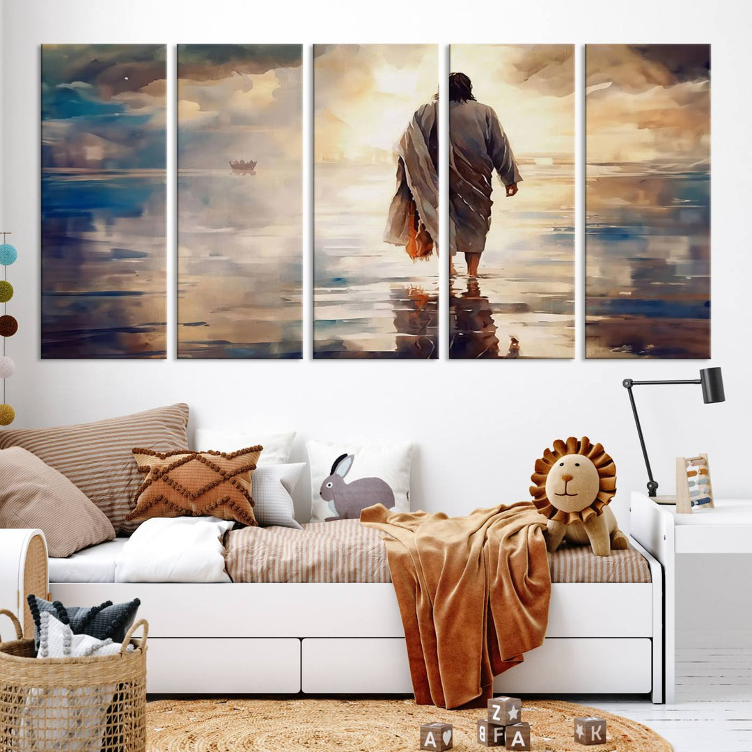 Jesus Walking on Water Wall Art | Ready to Hang Spiritual Triptych Canvas Print | Inspirational Christian Decor for Home or Church