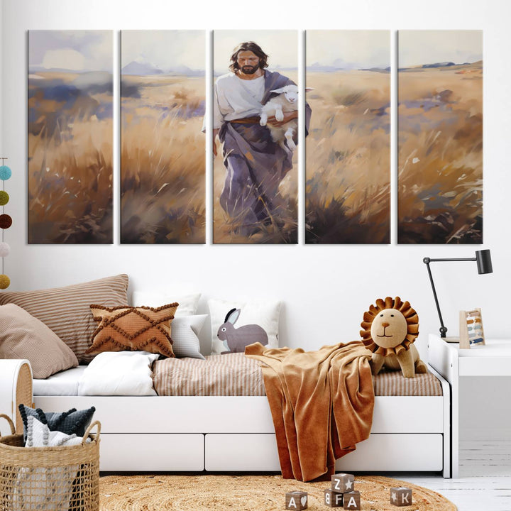 Jesus the Good Shepherd Wall Art Canvas Print - Lost Lamb  Print for Prayer Room Decor