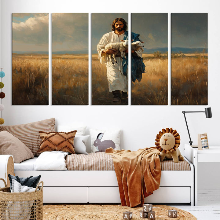 Jesus Shepherd Wall Art | Ready to Hang Triptych Canvas of Jesus Holding a Lamb in a Field | Inspirational Christian Decor for Home