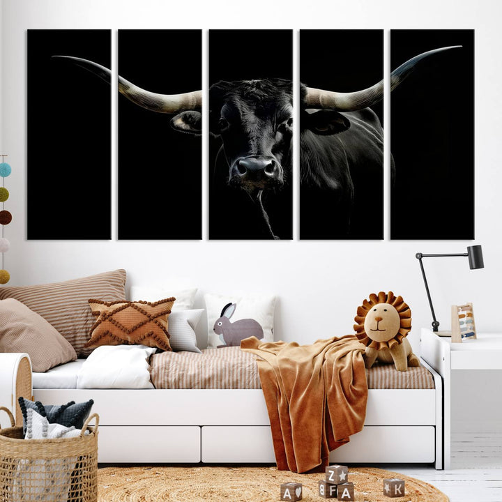 Texas Black Longhorn Bull Wall Art Canvas Print - Western Texas Cattle Rustic Decor Print - Longhorn Cow Wall Art