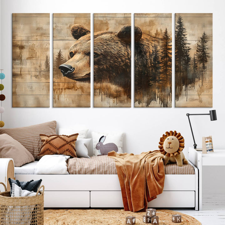 Abstract Rustic Grizzly Bear Wall Art Canvas Print - Woodland Wildlife Forest Print for Farmhouse Decor