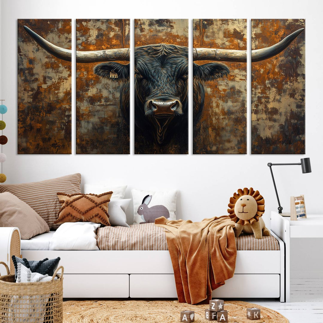 Abstract Longhorn Texas Bull Wall Art | Rustic Farmhouse Canvas Print | Ready to Hang Barn Decor for Farmhouse and Cabin Style