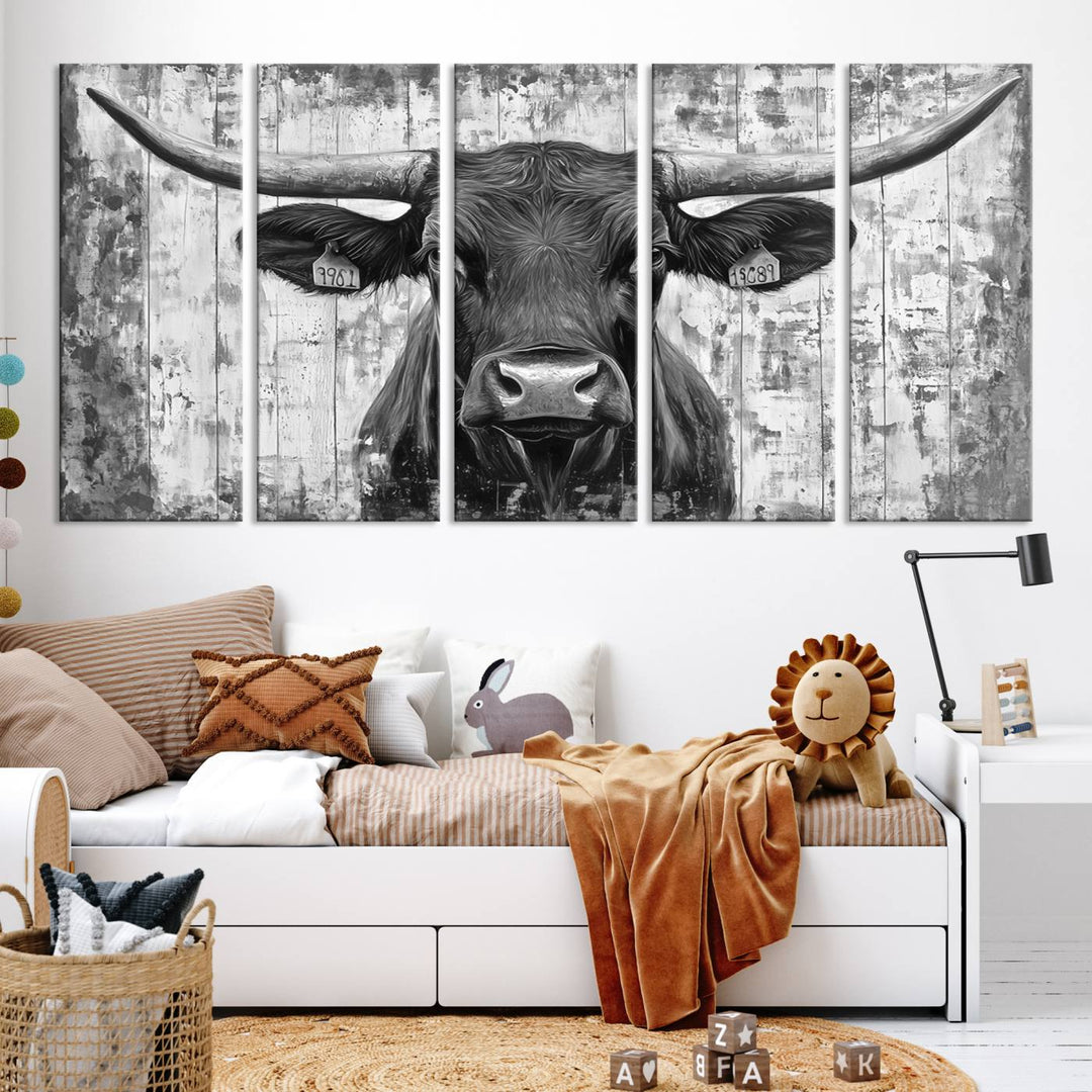 Abstract Longhorn Bull Wall Art Canvas Print - Rustic Texas Western Cow Artwork