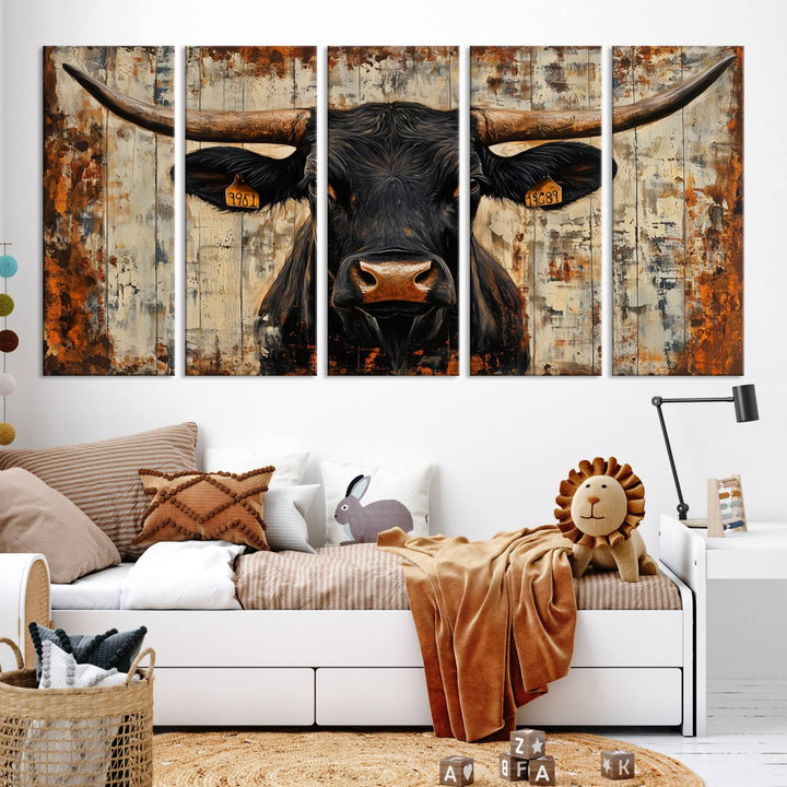 Abstract Cow Longhorn Bull Wall Art Canvas Print - Rustic Texas Western Cattle Artwork