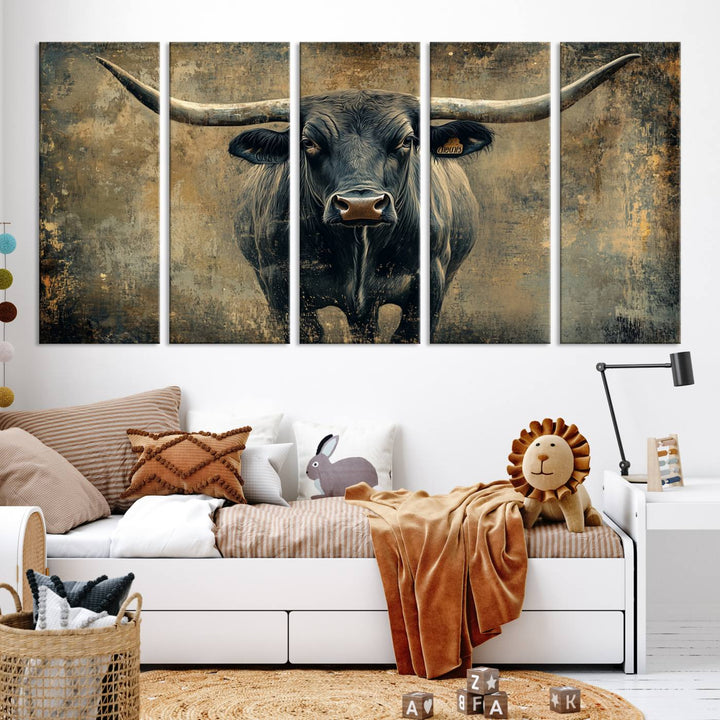 Abstract Cow Longhorn Bull Wall Art Canvas Print - Rustic Texas Western Cattle Artwork