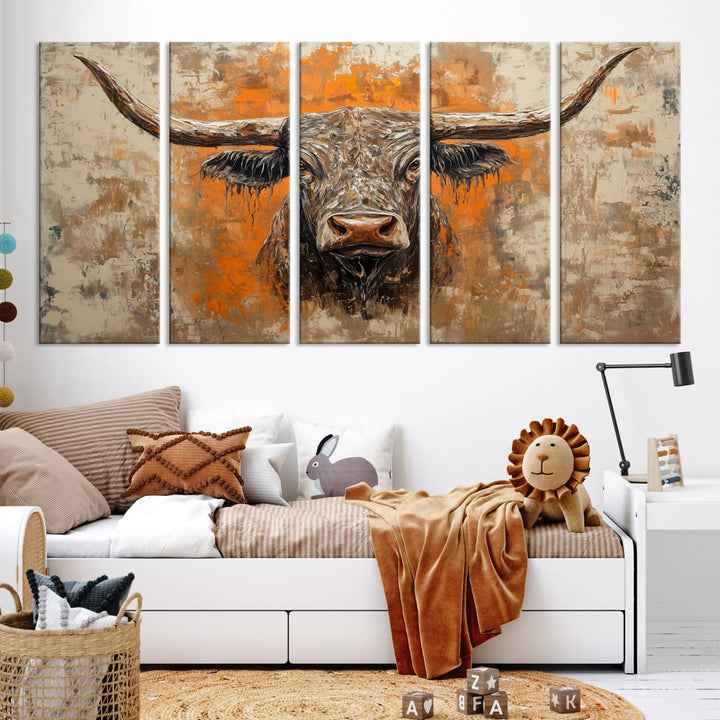 Abstract Cow Longhorn Bull Wall Art Canvas Print - Rustic Texas Western Cattle Artwork