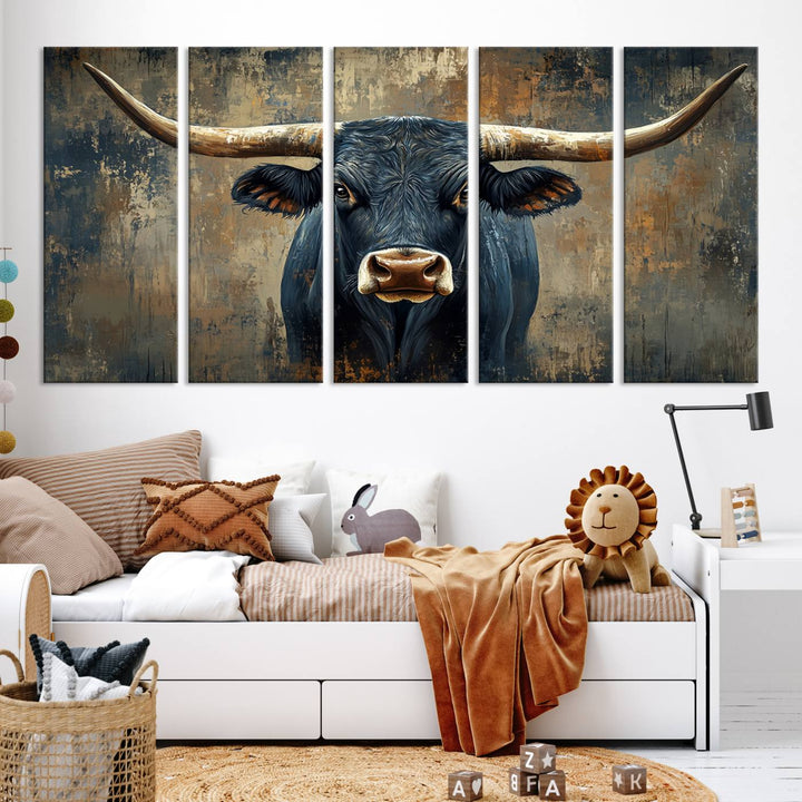 Abstract Cow Longhorn Bull Wall Art Canvas Print - Rustic Texas Western Cattle Artwork