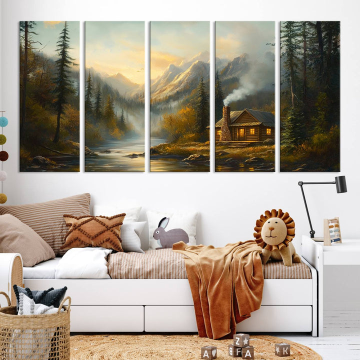 Wood Cabin Retreat Mountain at Sunset Wall Art Print - Serene Forest and River Landscape Wall Art Canvas Print