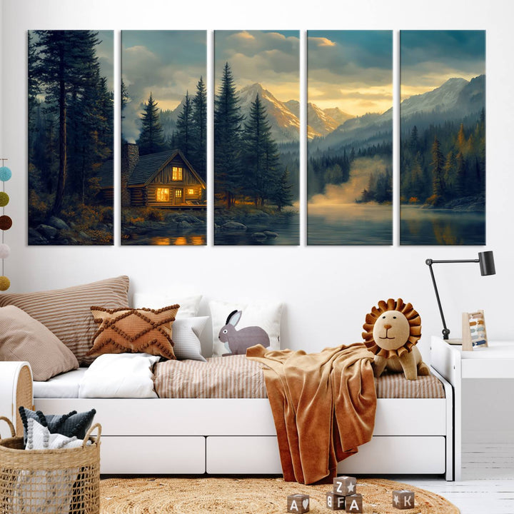 Mountain Cabin by the Lake at Sunset Wall Art - Serene Nature Canvas Print for Living Room Decor, Rustic Lodge Ambiance, 3-Panel Large Wall Art