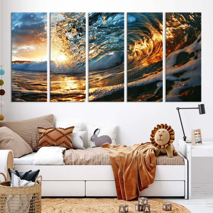 Ocean Wave at Sunset Wall Art | Ready to Hang Triptych Canvas Print | Coastal Wall Art for Living Room | Nautical and Beach House Decor