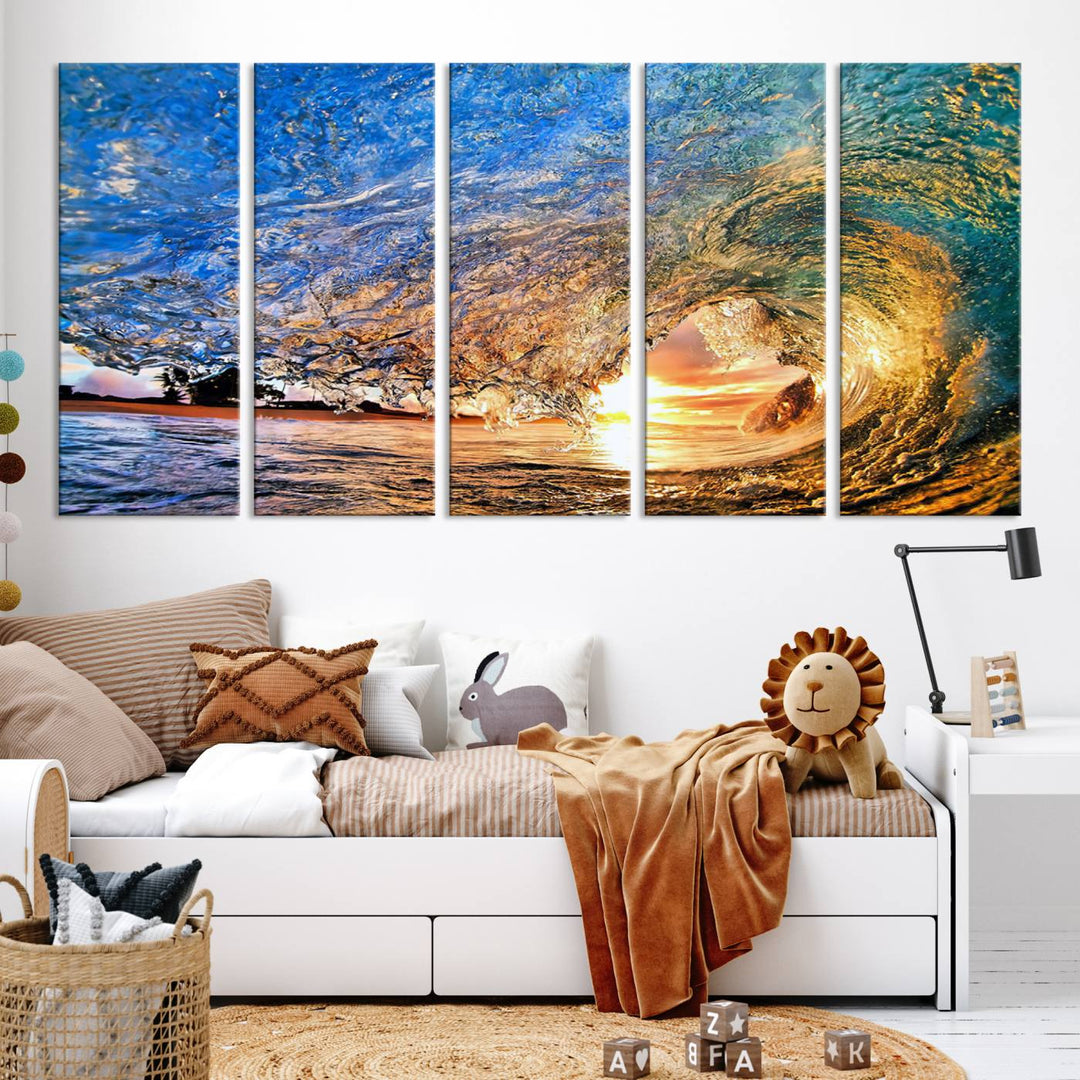 Ocean Wave at Sunset Canvas Print | Large Coastal Ocean Wall Art Print | Vibrant Beach Waves Art Print | Surf Lover Gift | Nautical Decor