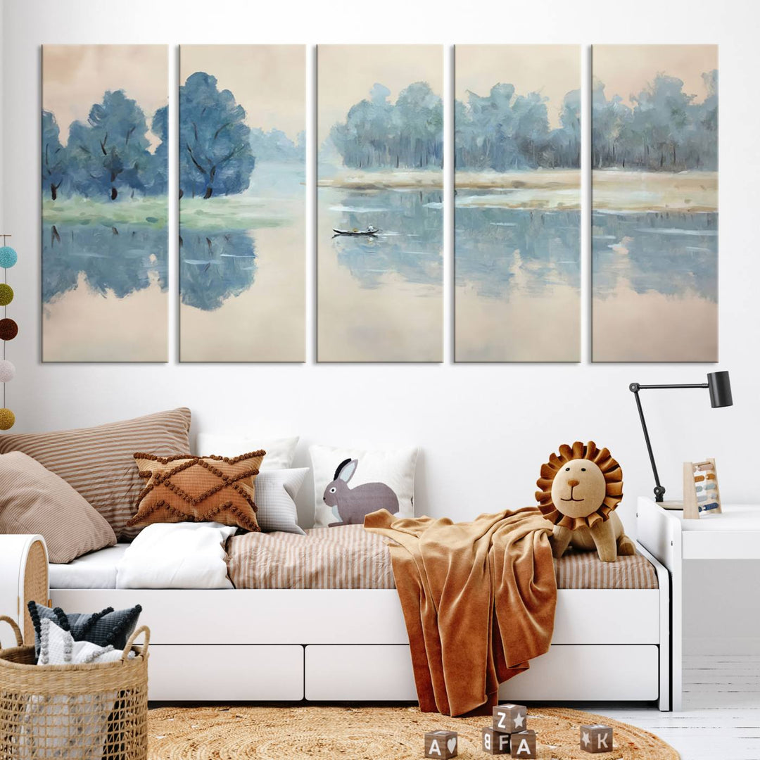 Landscape Printing Lake and Boat Scene | Serene Landscape Wall Art for Nature Lovers | Ready to Hang Triptych Canvas Print | Peaceful Blue Trees and Water Reflection Decor