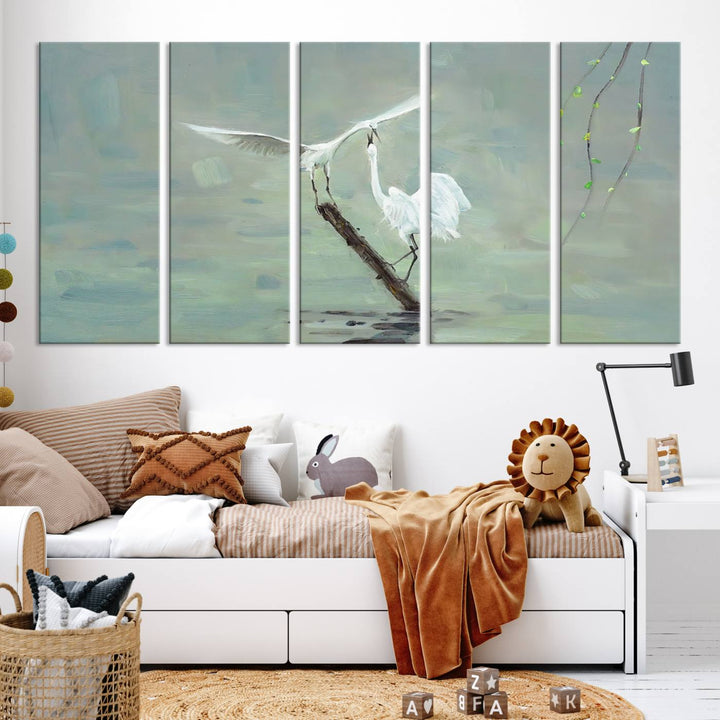 Elegant White Herons on Calm Waters | Coastal Wall Art for Nature-Inspired Decor | Serene Triptych Canvas Print | Ready to Hang Bird-Themed Art for Home Decor