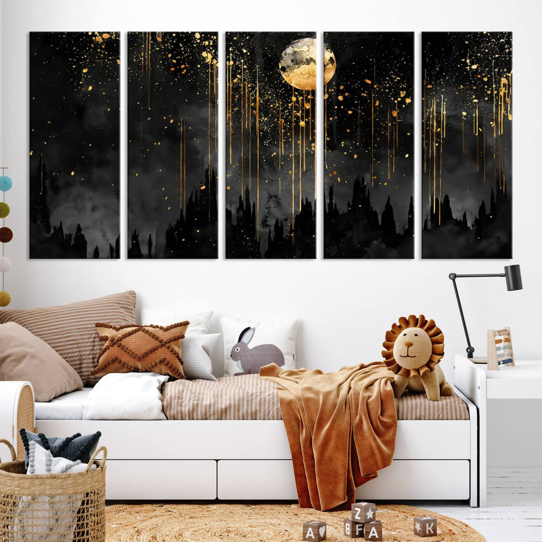 Gold Moon and Black Skyline Abstract Wall Art | Dark Modern Canvas Print with Dripping Gold Accents | Triptych Contemporary Homes