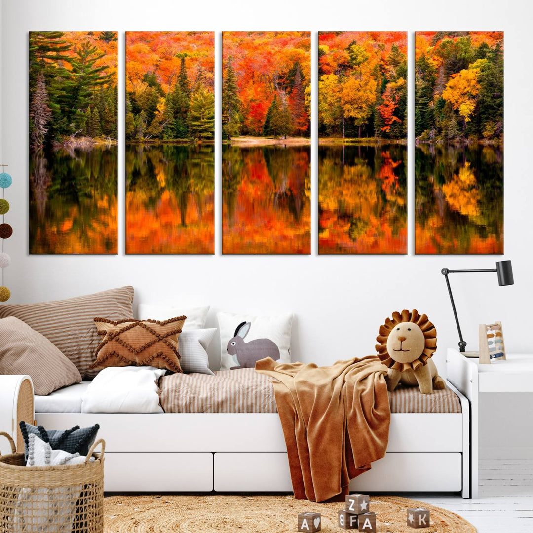 Autumn Forest Reflection Wall Art | Triptych Canvas Print | Vibrant Fall Foliage Wall Decor | Nature-Inspired Cabin Wall Art for Living Room