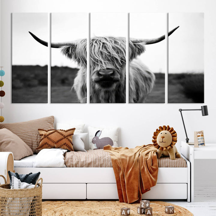 Highland Cow Wall Art | Black and White Farmhouse Decor | Ready to Hang Triptych Canvas Print | Rustic Barn Decor | Scottish Highland Cattle Art Print