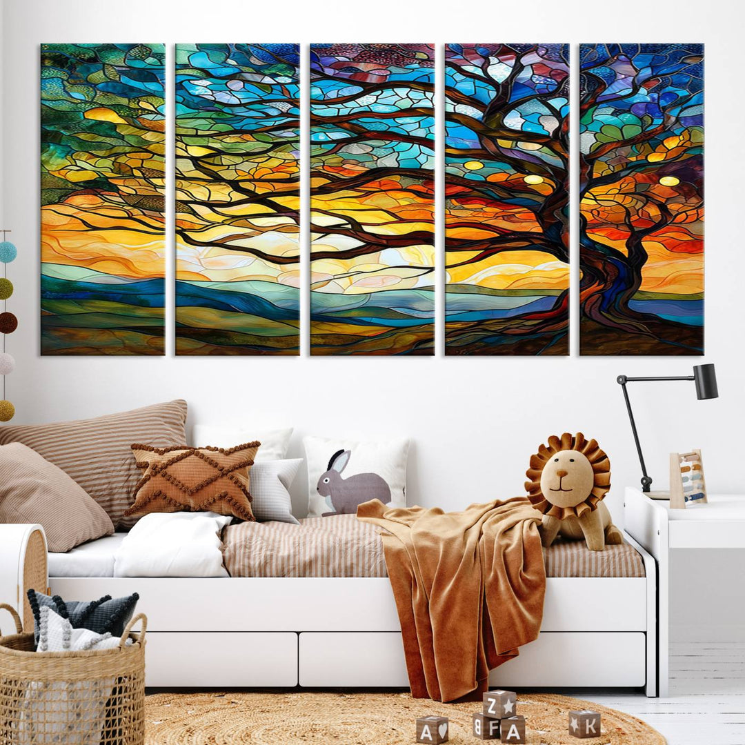 Vibrant Mosaic Tree of Life Wall Art | Stained Glass Style Canvas Print | Ready to Hang Artistic Decor