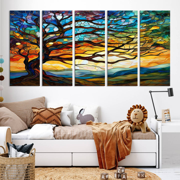 Mosaic Tree Wall Art | Ready to Hang Stained Glass Style Canvas Print | Farmhouse Wall Decor, Cabin Wall Art, and Unique Nature Home Decor