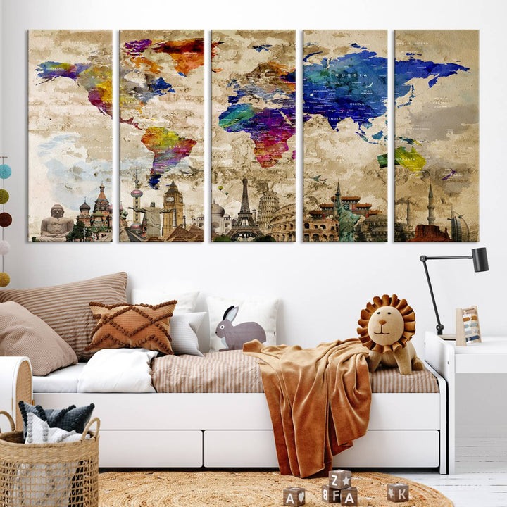 Framed World Map Canvas Print with Landmarks | Multi-Panel Wall Art | Ready to Hang Decor for Living Room, Office | Global Travel Wall Art | Vibrant Landmark Design