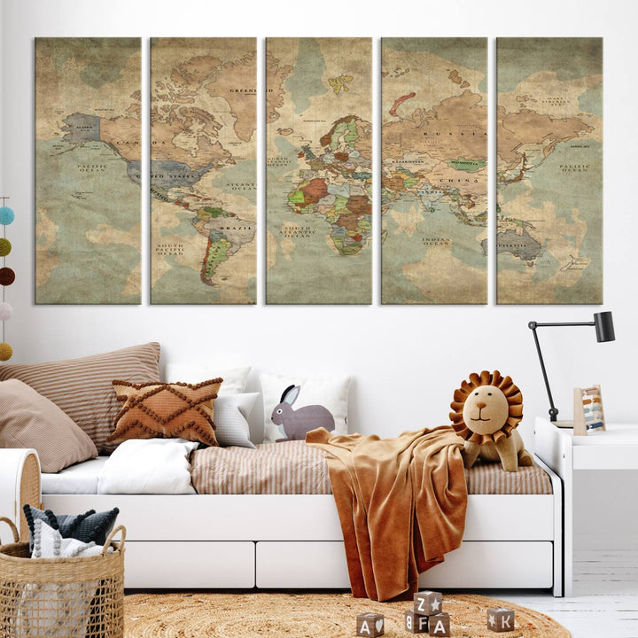 Vintage World Map Canvas Wall Art – Antique Triptych Map Print – Rustic Global Decor for Living Room or Office – Ready to Hang