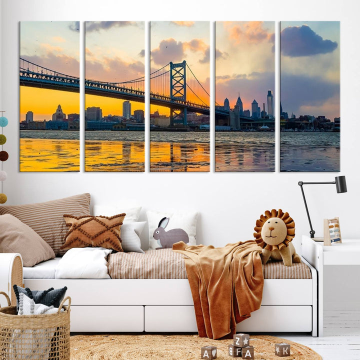 Ben Franklin Bridge Wall Art Print – Philadelphia Skyline Sunset Canvas Wall Art Canvas Print – Giclee City for Dining Room, Office or Living Room