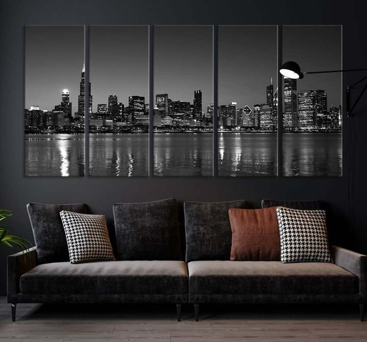 The Chicago Wall Art Canvas Print, a black and white triptych of a city skyline, adorns the space. This museum-quality canvas art arrives ready to hang, effortlessly merging sophistication with contemporary design.