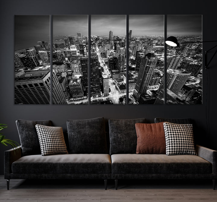 A Chicago Wall Art Canvas Print, specifically the Chicago City Night Canvas Print, is displayed in handcrafted frames.